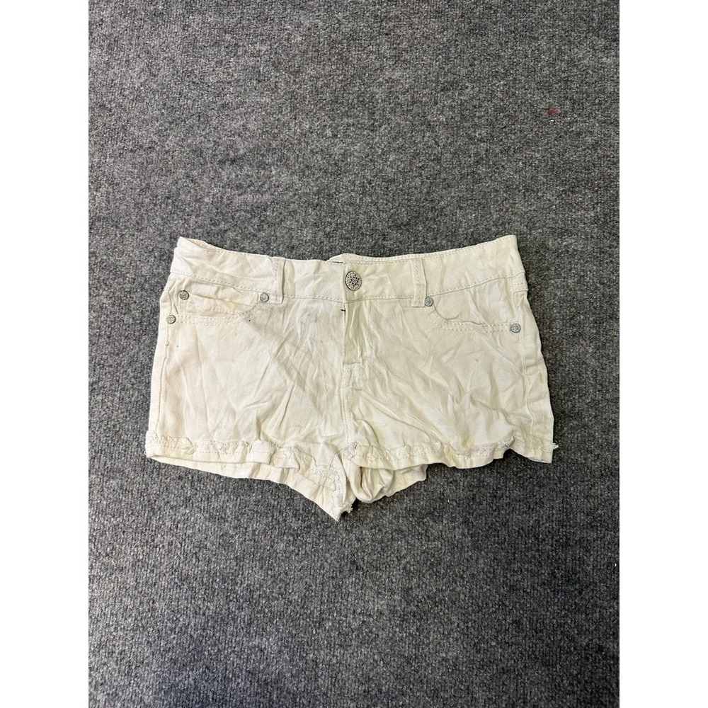 Blue Spice Shorts Womens Size 7 Off White Low Rise Frayed Hem Denim Casual Stain